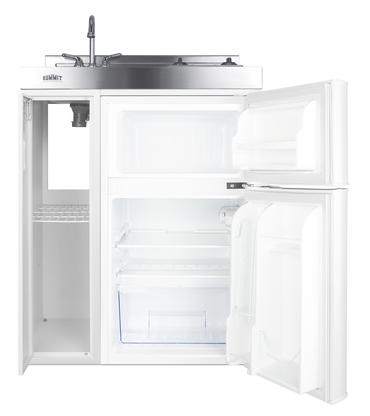 30 inch wide all-in-one kitchenette with 2-burner smooth-top 115V cooktop, refrigerator-freezer, sink, and storage cabinet